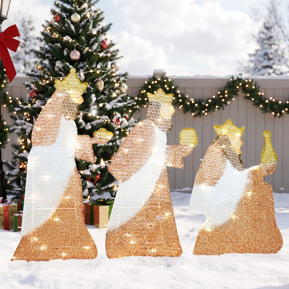 Tres Reyes Magos 2D en beige y marrón con 75 luces LED