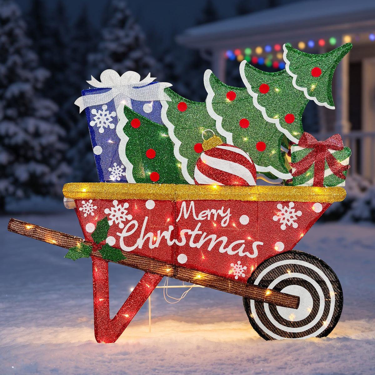 Carreta 2D Merry Christmas con árbol y regalos 36"