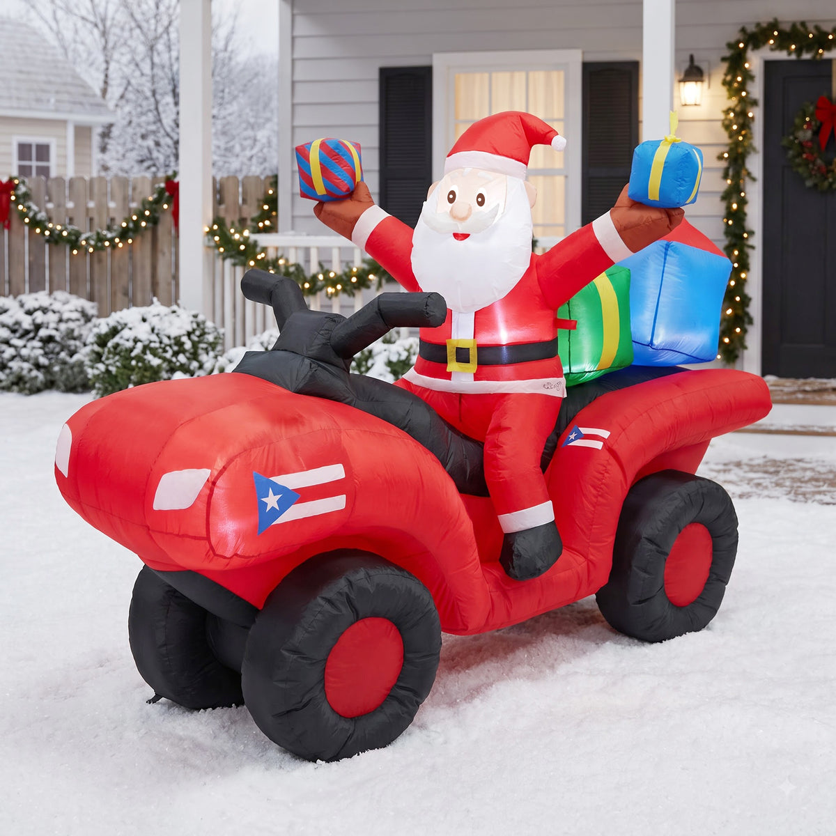 Inflable Santa en four track con bandera de Puerto Rico 6 ft de largo
