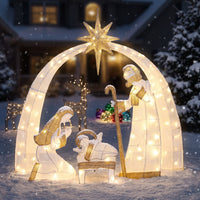 Nacimiento para jardín en blanco y dorado con 120 luces LED, vista 2