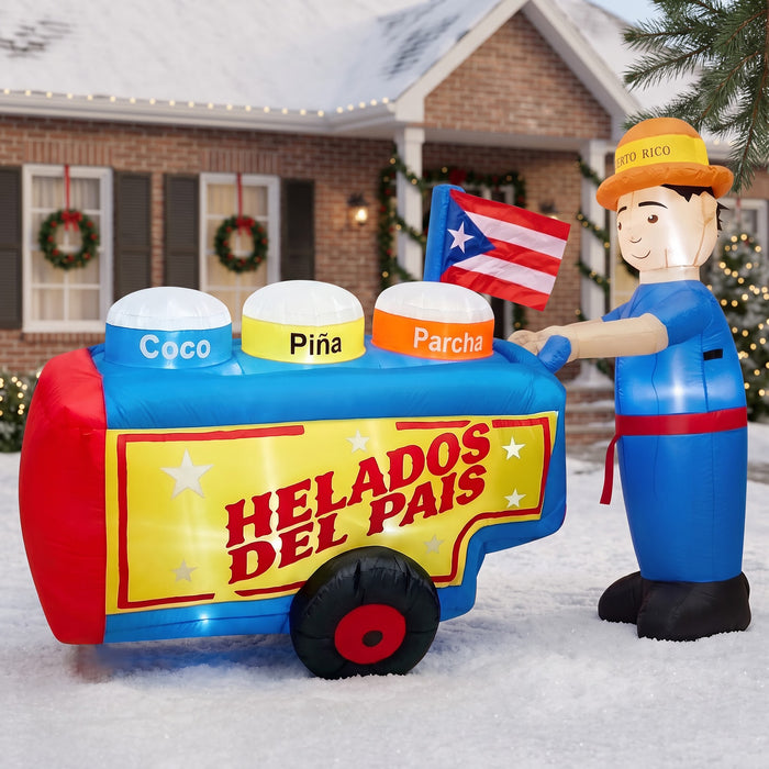 Inflable carrito de helados de nuestro país con sabores típicos de coco, piña y parcha con la persona típica 6 ft de largo